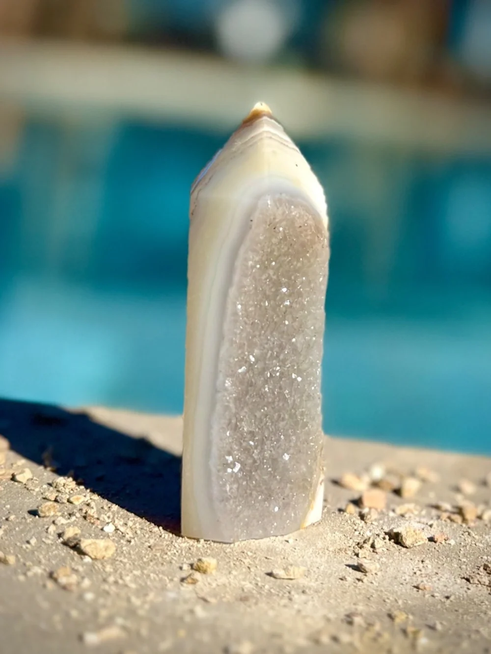 Brazilian Druzy Dove Grey Banded Agate Crystal Tower/Blue Sparkly Crystal